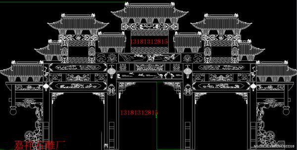 安装地点：山西运城  三门九楼样式  ，更多图片牌坊、图片牌楼请参石雕产品供应与石雕艺术欣赏牌楼整体结构严谨，样式浑厚，这是典型的北方石雕牌楼代表作，雕工也十分精美，上面雕有代表吉祥如意的石雕麒麟，聚财瑞兽石雕貔貅，抱鼓石上面石狮i子两队，图案像暗八仙、如意纹等很多，也运用了透雕、线雕等手法，牌楼也借鉴了南方的玲珑秀气的特点，整体结构，工艺值得我们学习研究。