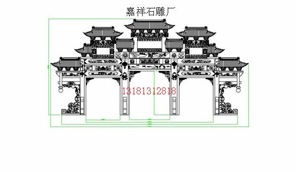 这是一座四柱三门九楼式石雕牌坊的设计图，设计之精美，整体之大坊，雕刻出来会多么的有艺术欣赏性。